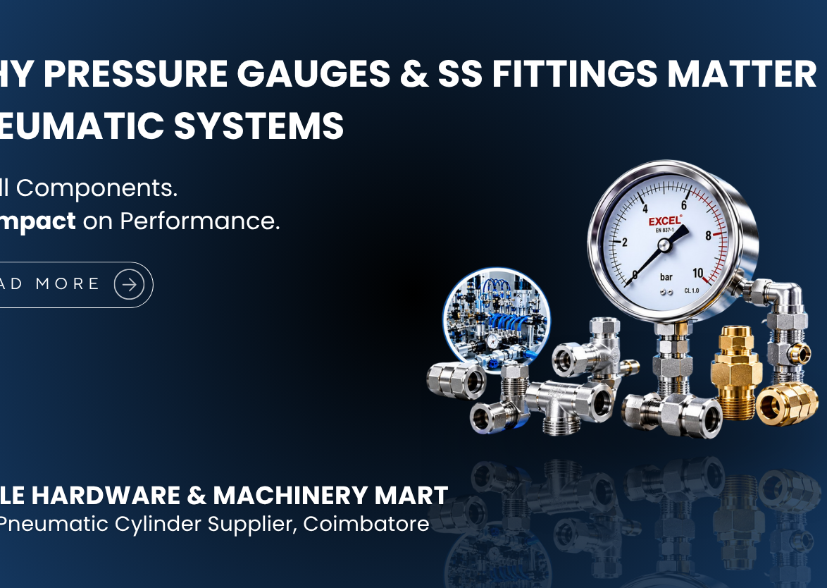 Pressure gauge, SS pipe fittings, SS304 compression fittings, and brass compression tube fittings used in pneumatic systems for pressure monitoring and leak-free industrial airflow.