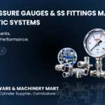 Pressure gauge, SS pipe fittings, SS304 compression fittings, and brass compression tube fittings used in pneumatic systems for pressure monitoring and leak-free industrial airflow.