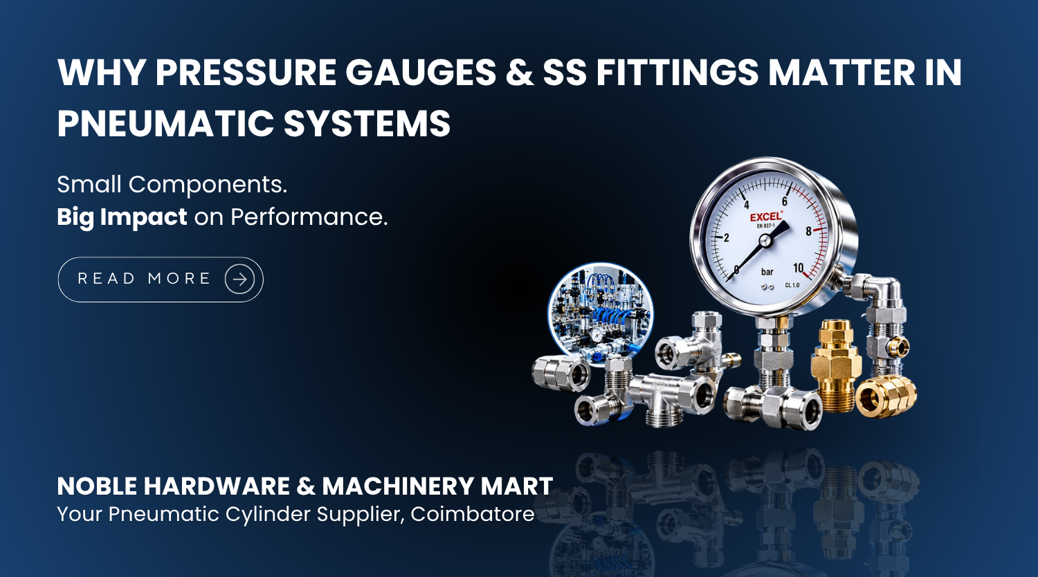 Pressure gauge, SS pipe fittings, SS304 compression fittings, and brass compression tube fittings used in pneumatic systems for pressure monitoring and leak-free industrial airflow.