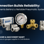 Noble Mart pneumatic components with Janatics pneumatic cylinder, glycerin-filled pressure gauge, and compression fittings in Coimbatore.